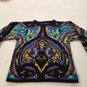 Vintage 80s 90s Abstract Geometric Intarsia Knit Crewneck Sweater Medium Black